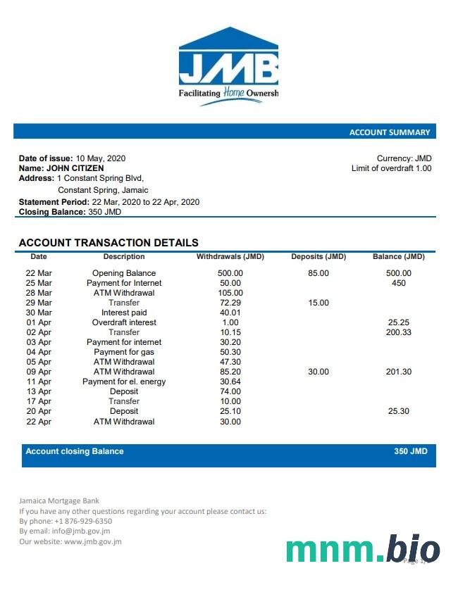 Wyciąg z banku hipotecznego Jamaica łatwy do wypełnienia szablon w formacie Excel i PDF